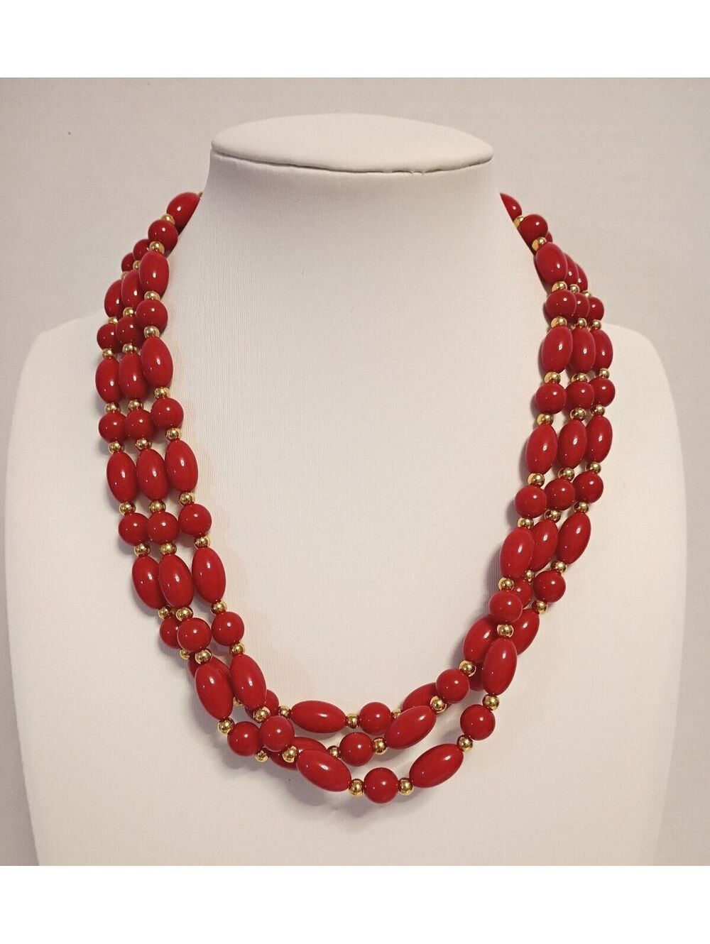 Vintage Statement Necklace Triple Strand Vibrant Red Beads with Gold Spacers